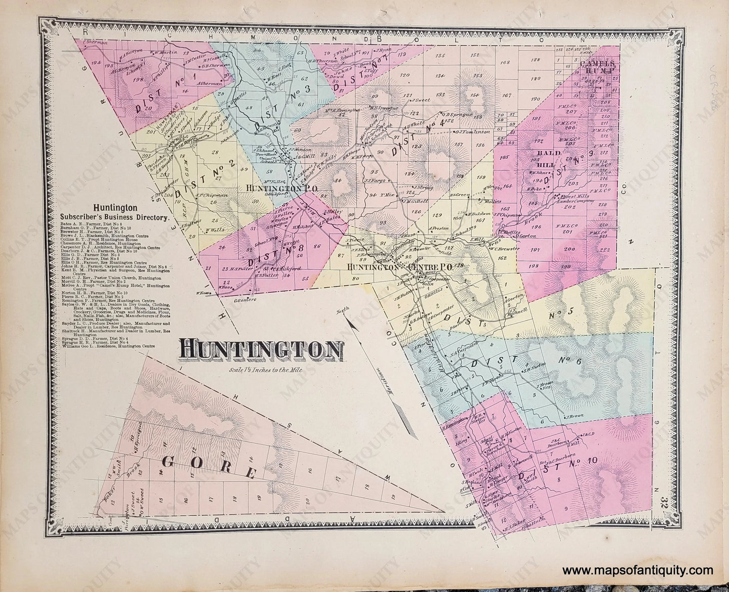 Genuine-Antique-Hand-colored-Map-Huntington-1869-Beers-Ellis-Soule-Maps-Of-Antiquity