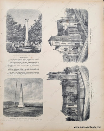 Genuine-Antique-Hand-colored-Map-Page-with-illustrations:-Ethan-Allen-Monument-in-Burlington-St-Mary's-Cathedral-in-Burlington-Hubbardton-Battlefield-Monument-St-Paul's-Episcopal-Church-in-Burlington-VT-1869-Beers-Ellis-Soule-Maps-Of-Antiquity