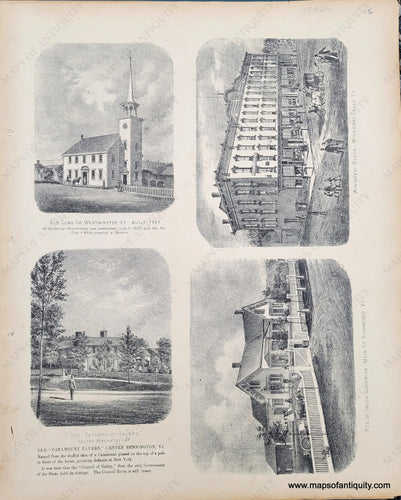 Genuine-Antique-Hand-colored-Map-Page-with-illustrations:-Old-Congregational-Church-in-Westminster-Old-Catamount-Tavern-in-Centre-Bennington-Winooski-Block-in-Winooski-Falls-Residence-of-Orson-Goodrich-Richmond-VT-1869-Beers-Ellis-Soule-Maps-Of-Antiquity