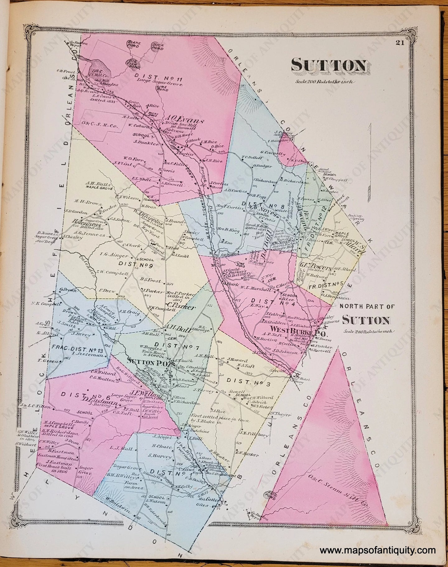 Genuine-Antique-Map-Sutton-VT--1875-Beers-Maps-Of-Antiquity