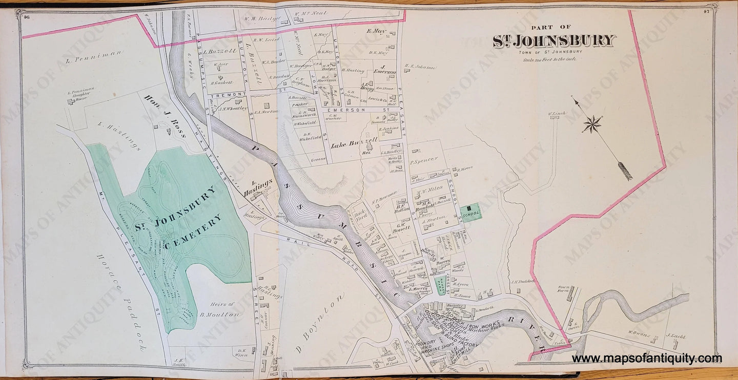 Genuine-Antique-Map-Part-of-St-Johnsbury-VT--1875-Beers-Maps-Of-Antiquity