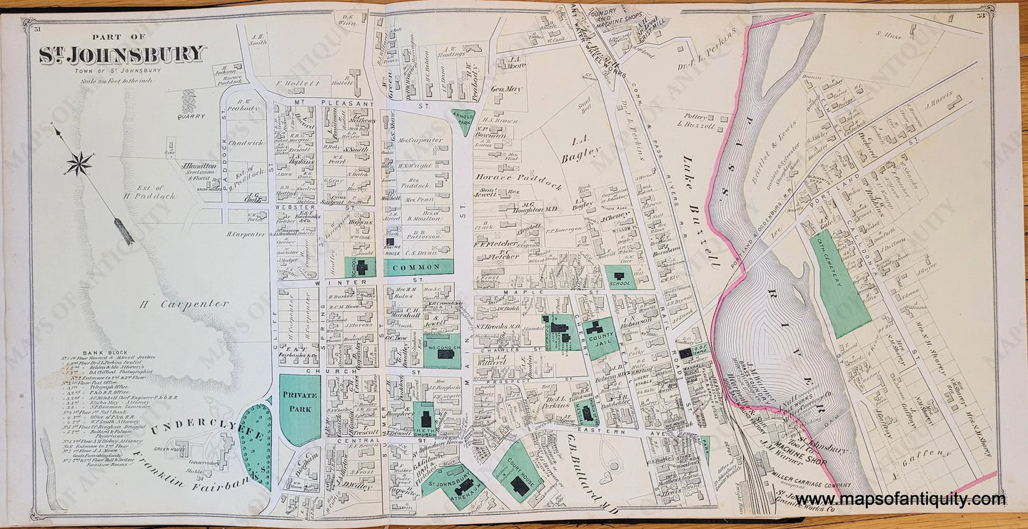 Genuine-Antique-Map-Part-of-St-Johnsbury-VT--1875-Beers-Maps-Of-Antiquity