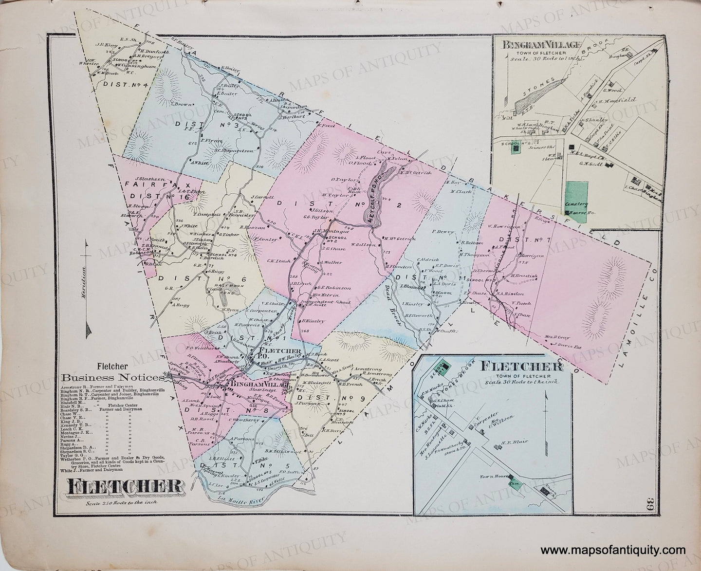 1871 - Fletcher (VT) - Genuine Antique Map – Maps of Antiquity