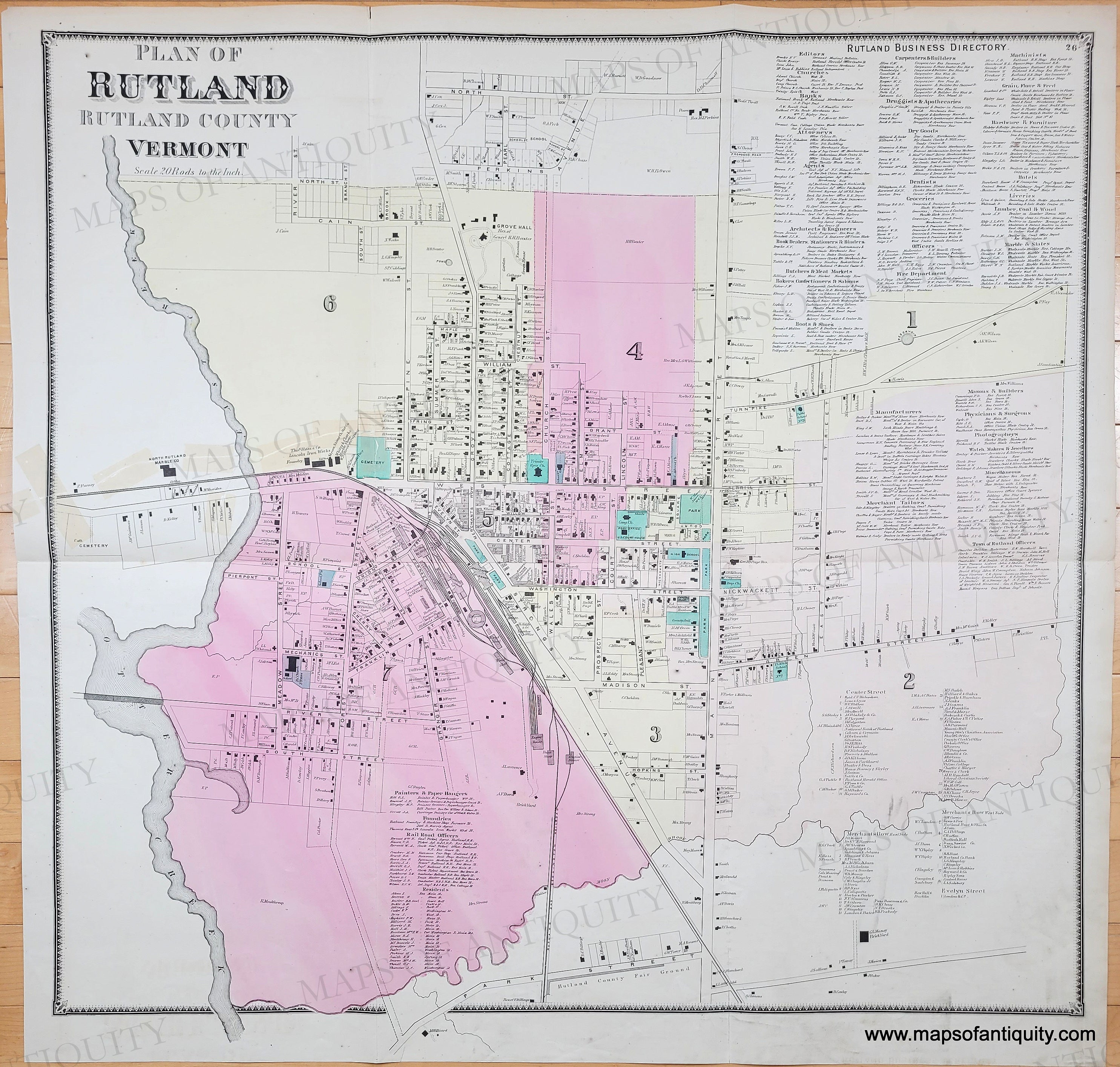 1869 - Plan of Rutland, Rutland County, Vermont - Genuine Antique Map ...