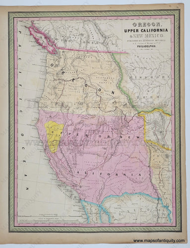 Antique Map with original hand-coloring in tones of pink, yellow, blue, green, and orange. Western Territories of the US West COast. . -A-New-Map-of-the-State-of-California-the-Territories-of-Oregon-Washington-Utah-&-New-Mexico.-United-States-West-1849-Mitchell-Maps-Of-Antiquity