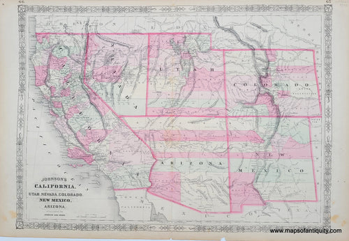 Antique-Hand-Colored-Map-Johnson's-California-with-Utah-Nevada-Colorado-New-Mexico-and-Arizona-United-States-West-1864-Johnson-and-Ward-Maps-Of-Antiquity
