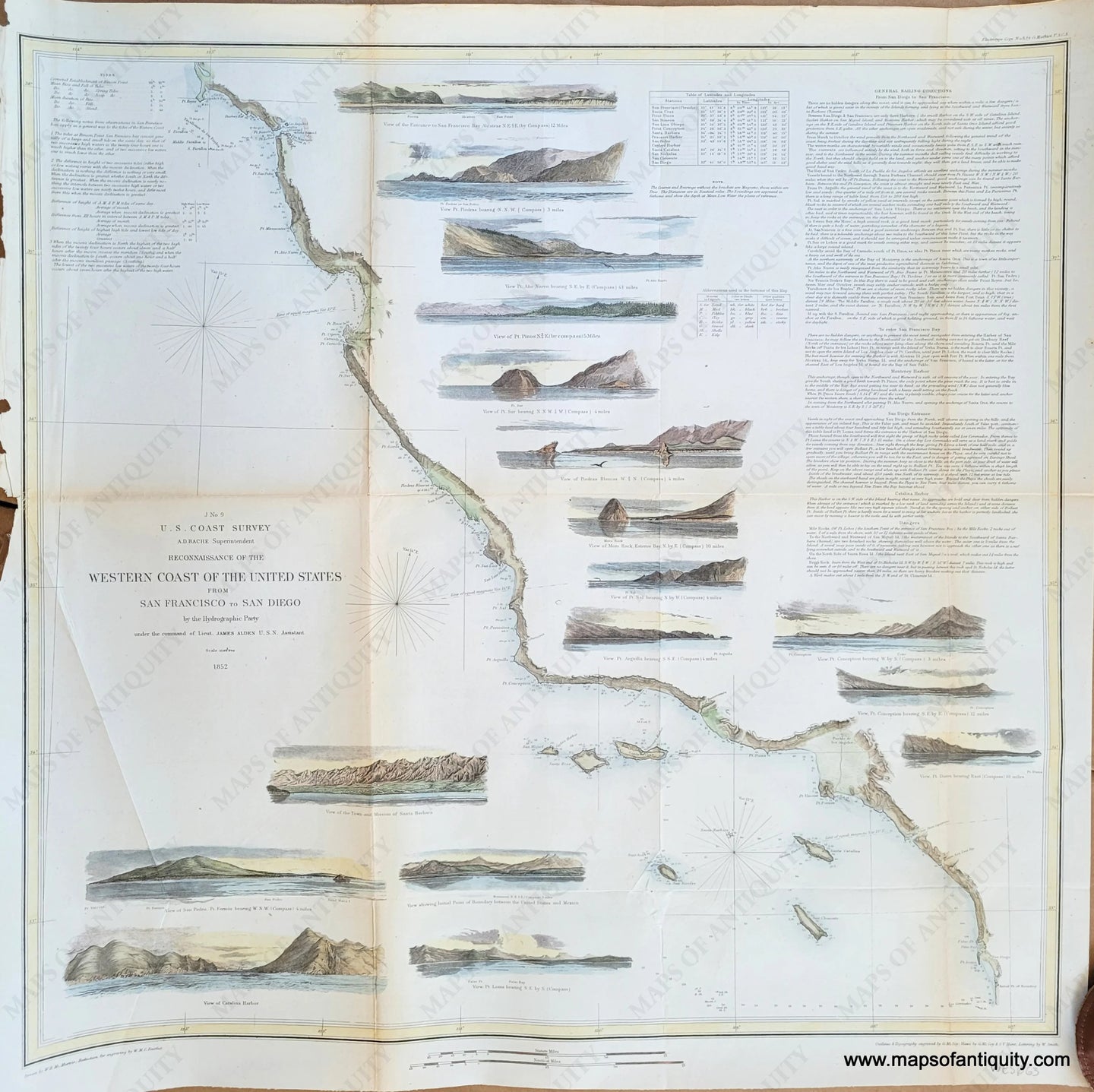 Antique-Hand-Colored-Coast-Chart-Western-Coast-of-the-United-States-Lower-Sheet-from-San-Francisco-to-San-Diego-United-States-West-1852-U.S.-Coast-Survey-Maps-Of-Antiquity