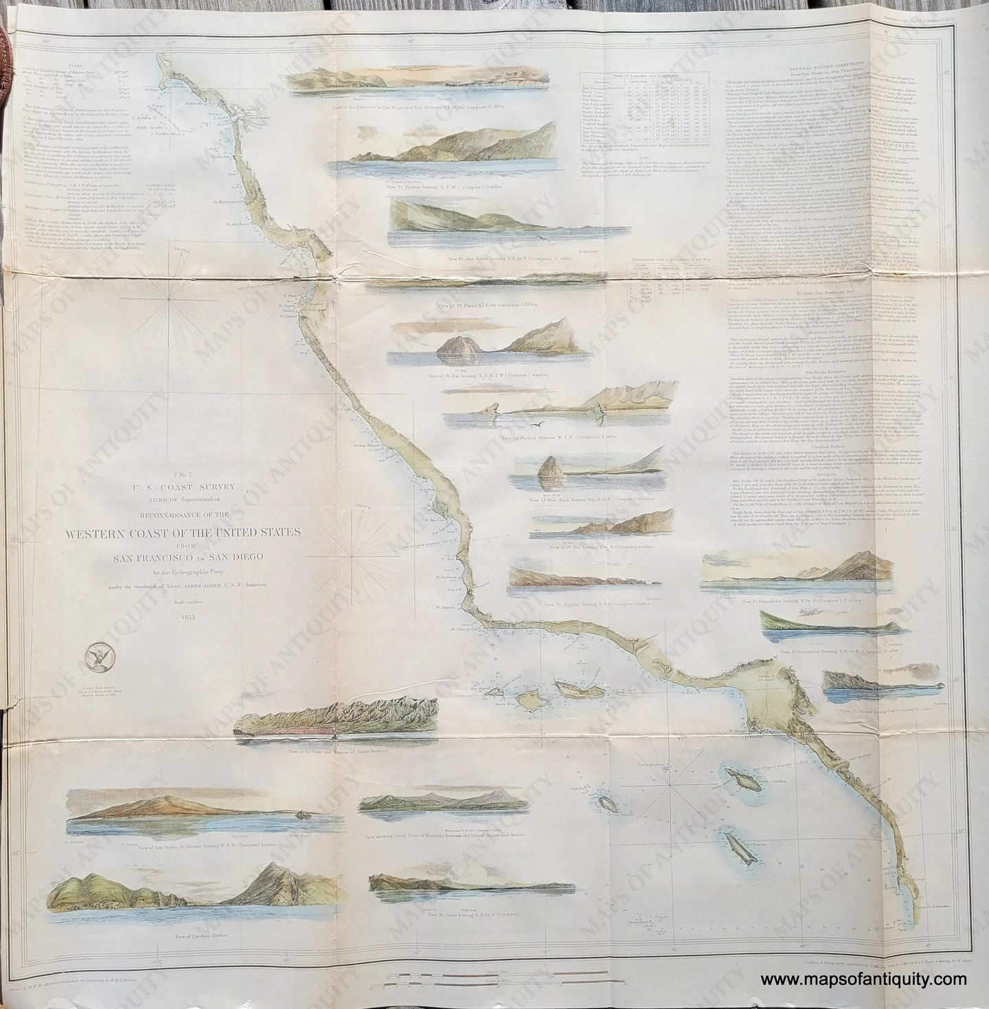 Antique-Hand-Colored-Coast-Chart-Western-Coast-of-the-United-States-Lower-Sheet-from-San-Francisco-to-San-Diego-United-States-West-1852-U.S.-Coast-Survey-Maps-Of-Antiquity