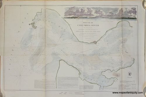 Hand-colored antique coast survey report chart of the mouth of the Columbia River in Oregon, US, with gorgeous view of the entrance featuring sweeping clouds, hills, and distant mountain. green color along the land and blue in the water.