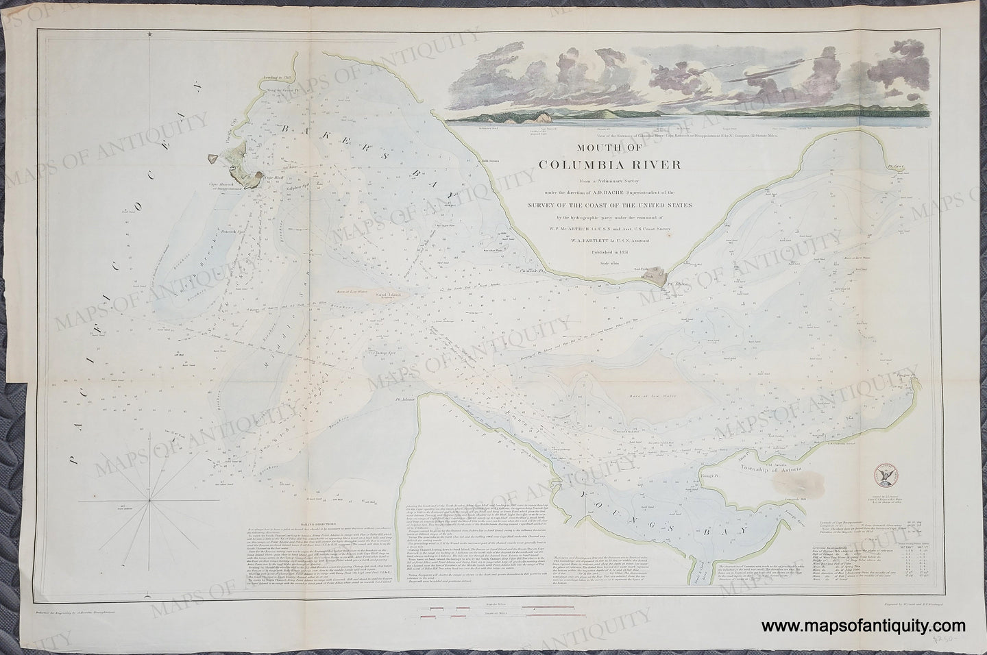 Antique Map of the mouth of the Columbia River with navigational details. subdued colors of blue, green, brown. Hand-colored antique coast survey report chart of the mouth of the Columbia River in Oregon, US, with gorgeous view of the entrance featuring sweeping clouds, hills, and distant mountain. green color along the land and blue in the water.