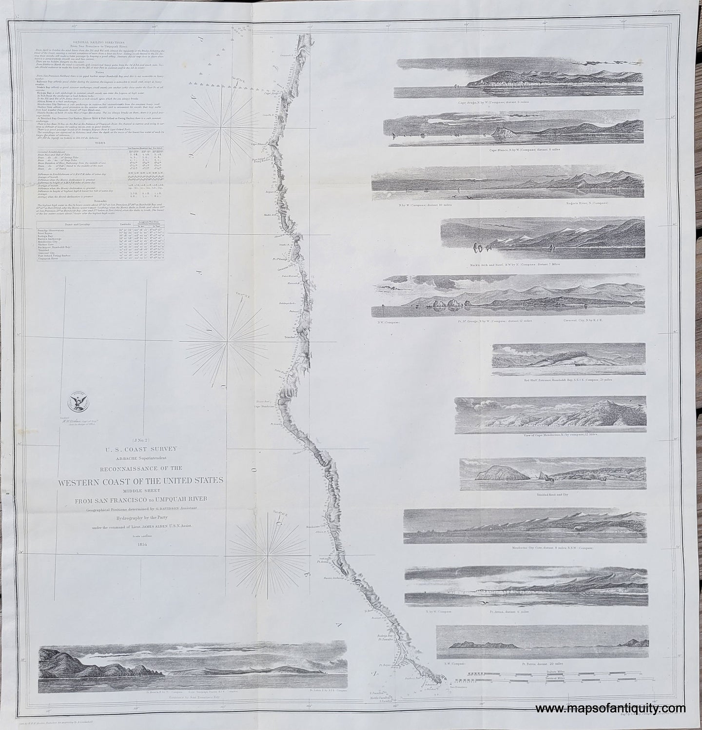 Antique-Coastal-Chart-Reconnaissance-of-the-Western-Coast-of-the-United-States-Middle-Sheet-from-San-Francisco-to-Umpquah-River.--United-States-West-1854-U.S.C.S.-Maps-Of-Antiquity