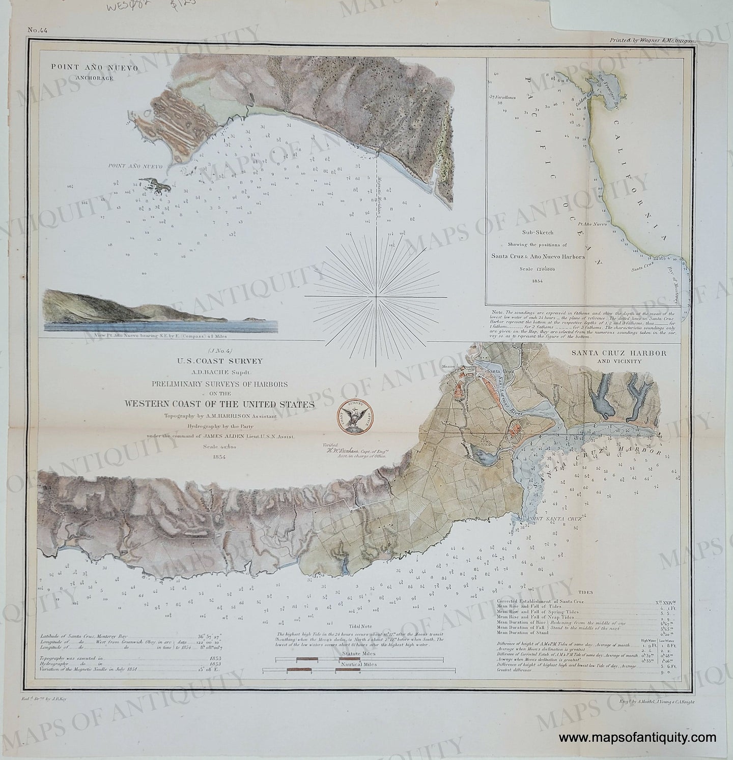 Hand-Colored-Antique-Coastal-Chart-Preliminary-Surveys-of-harbors-of-the-Western-Coast-of-the-United-States-Santa-Cruz-Harbor-and-Vicinity-Point-Ano-Nuevo-United-States-West-1854-U.S.-Coast-Survey-Maps-Of-Antiquity