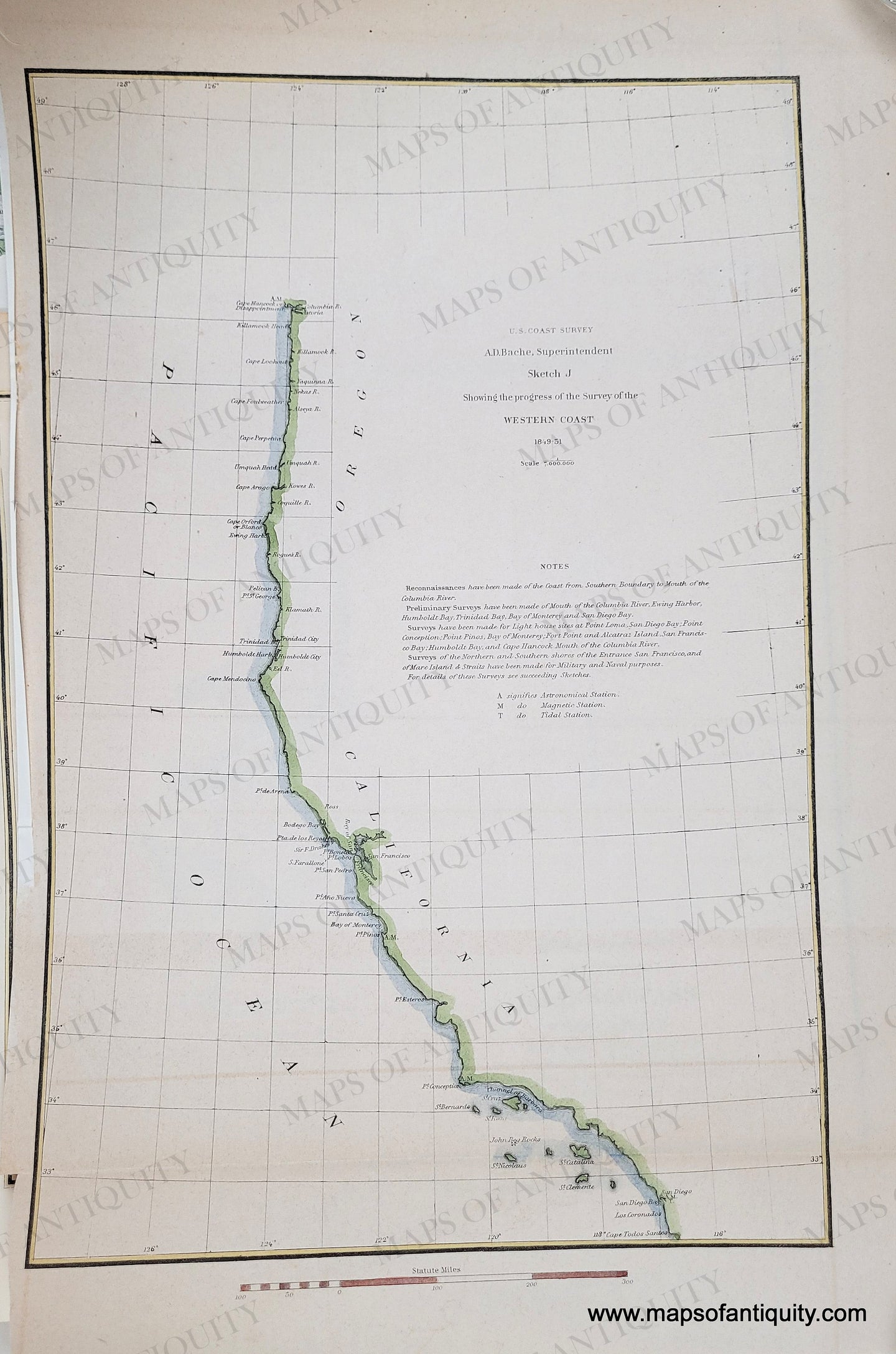 Hand-Colored map showing the West Coast of the US with green along the coast and blue in the water line. -Antique-Coastal-Chart-Sketch-J-Showing-the-progress-of-the-Survey-of-the-Western-Coast-United-States-West-1851-U.S.-Coast-Survey-Maps-Of-Antiquity