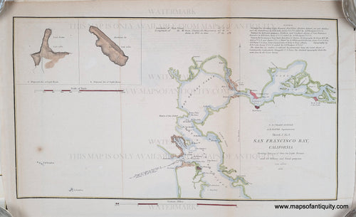 Hand-Colored in tones of green, blue, brown, and red. -Antique-Coastal-Chart-Sketch-J-No.-6-San-Francisco-Bay**********-United-States-California-1851-U.S.-Coast-Survey-Maps-Of-Antiquity