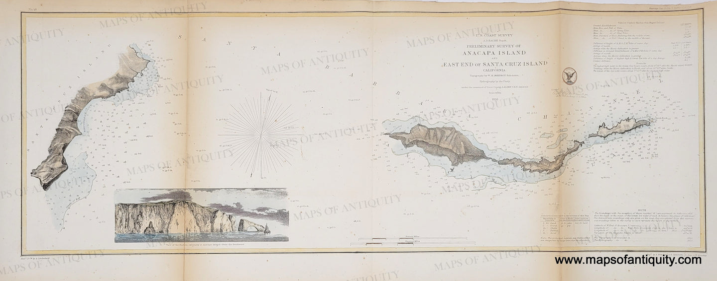 Colored in tones of brown for the land, blue in the water around the lane, yellow border, and beautifully colored view of cliffs. Hand-Colored-Antique-Coastal-Chart-Preliminary-Survey-of-Anacapa-Island-and-East-End-of-Santa-Cruz-Island-California-California-Antique-Nautical-Charts-1856-U.S.-Coast-Survey-Maps-Of-Antiquity