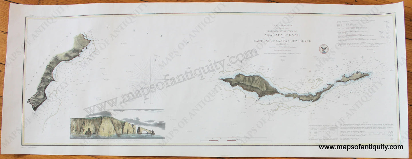 Hand-Colored-Antique-Coastal-Chart-Preliminary-Survey-of-Anacapa-Island-and-East-End-of-Santa-Cruz-Island-California-California-Antique-Nautical-Charts-1856-U.S.-Coast-Survey-Maps-Of-Antiquity