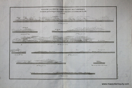 Antique-Black-and-White-Engraved-Recognition-Profiles-Vue-de-la-Cote-du-Nord-Ouest-de-L'Amerique-No.-30-West-General-Antique-Nautical-Charts-1798-Atlas-du-Voyage-de-la-Perouse-Maps-Of-Antiquity