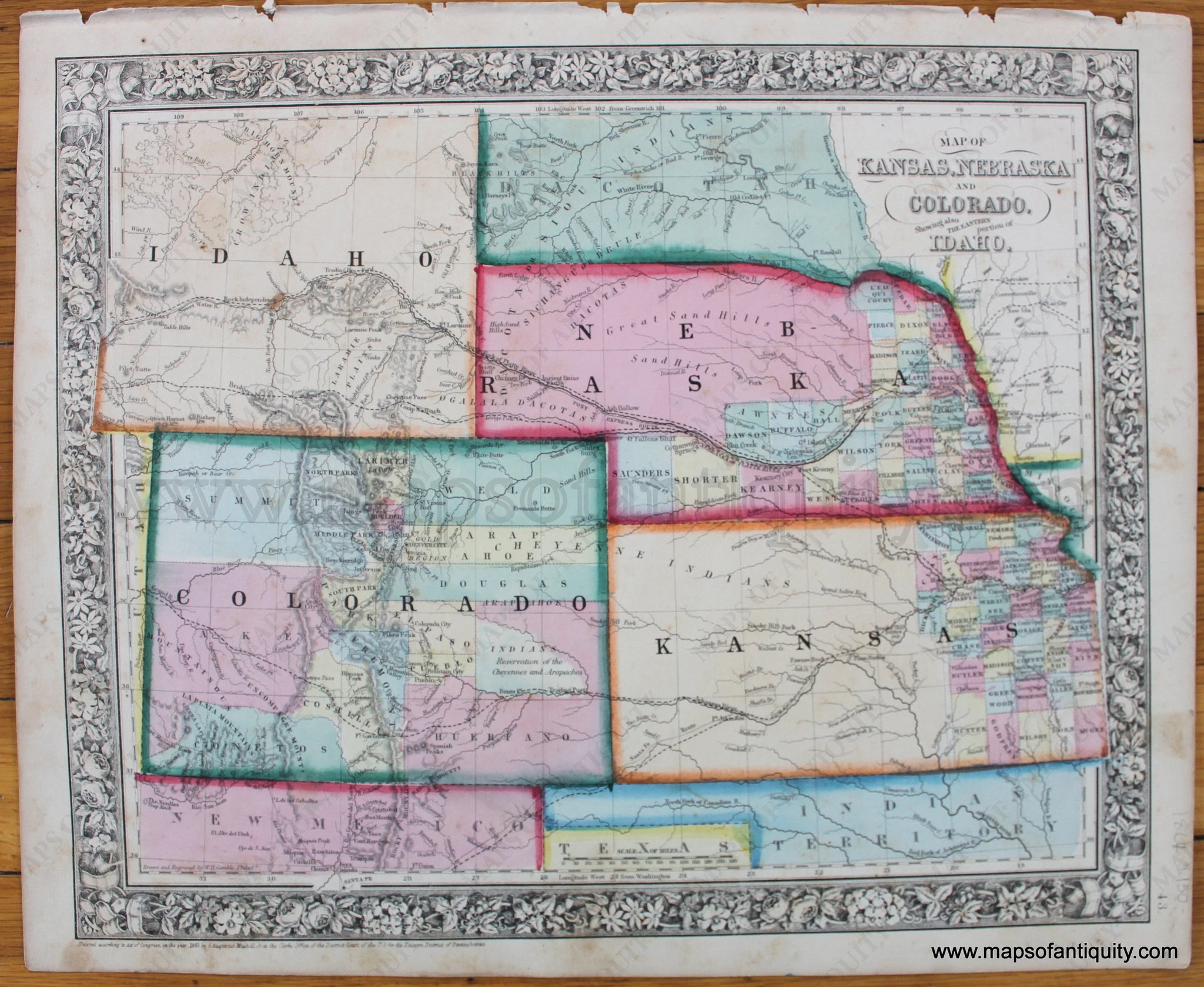 1867 Antique Hand-Coloured Mitchell Map of Kansas, Nebraska, Colorado, and hotsell Southern Part of Dacotah (Dakota)