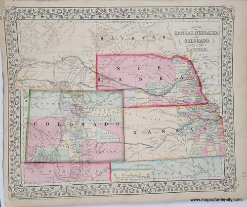 1868 - Map Of Kansas Nebraska And Colorado. Showing Also The Southern Portion Dakotah. Antique