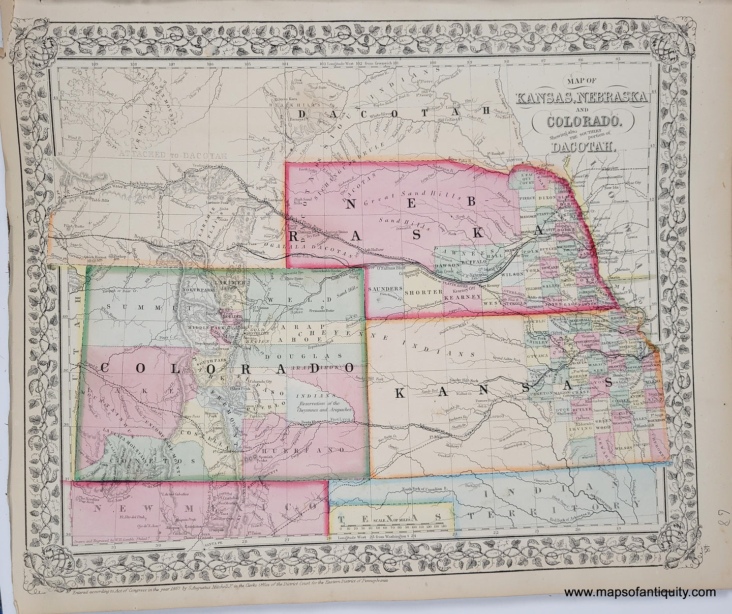 1868 - Map of Kansas, Nebraska and Colorado. Showing also the Southern portion of Dakotah. - Antique Map