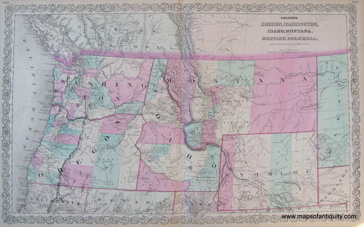 Antique-Hand-Colored-Map-Coltons-Oregon-Washington-Idaho-Montana-and-British-Columbia-1871-Colton-Maps-Of-Antiquity