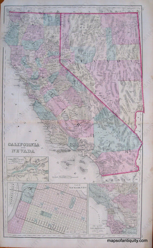 Antique-Hand-Colored-Map-Gray's-Atlas-California-and-Nevada-San-Francisco-Oregon-and-Washington-*****-West-California-1876-Gray-Maps-Of-Antiquity