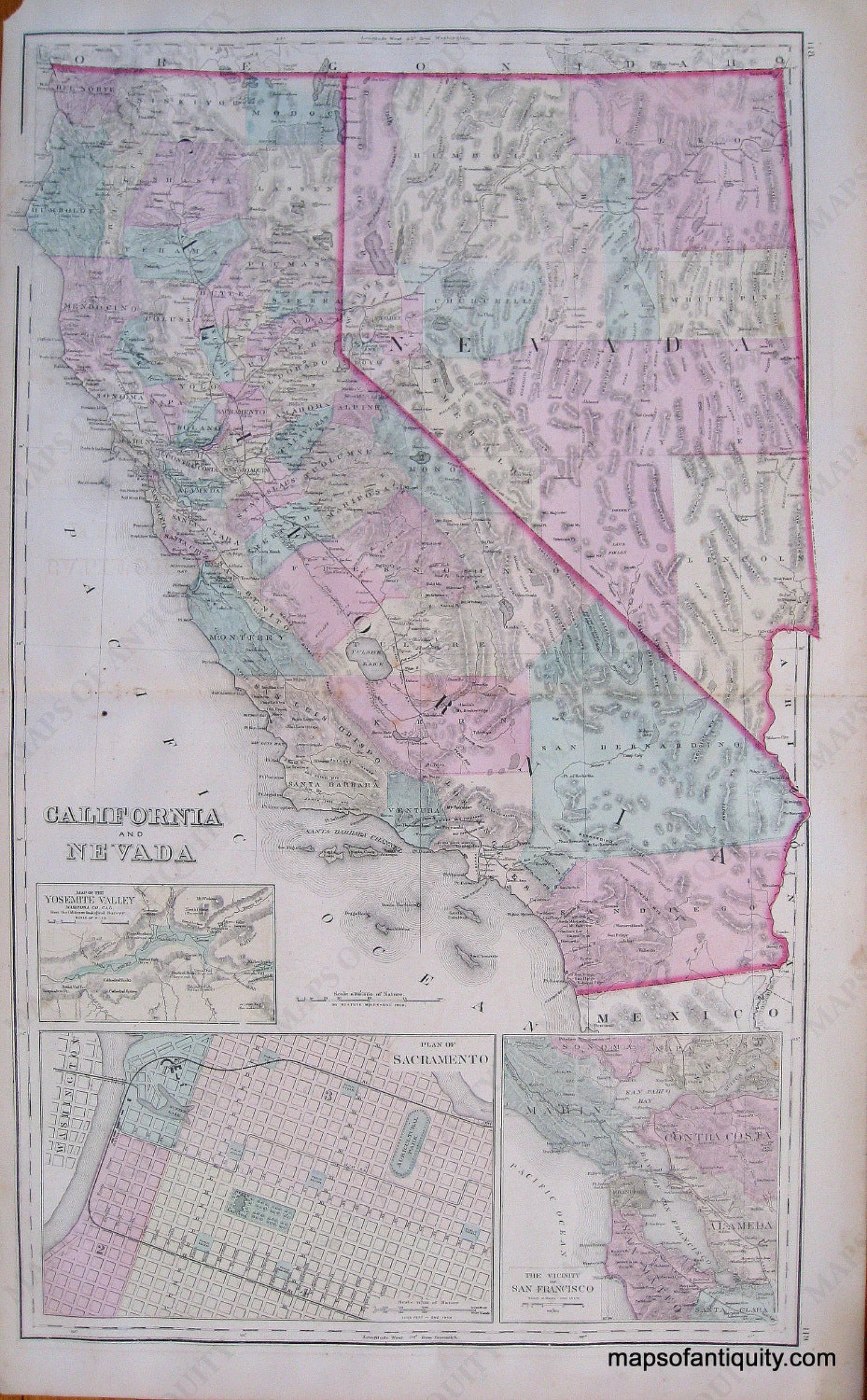 Antique-Hand-Colored-Map-Gray's-Atlas-California-and-Nevada-San-Francisco-Oregon-and-Washington-*****-West-California-1876-Gray-Maps-Of-Antiquity