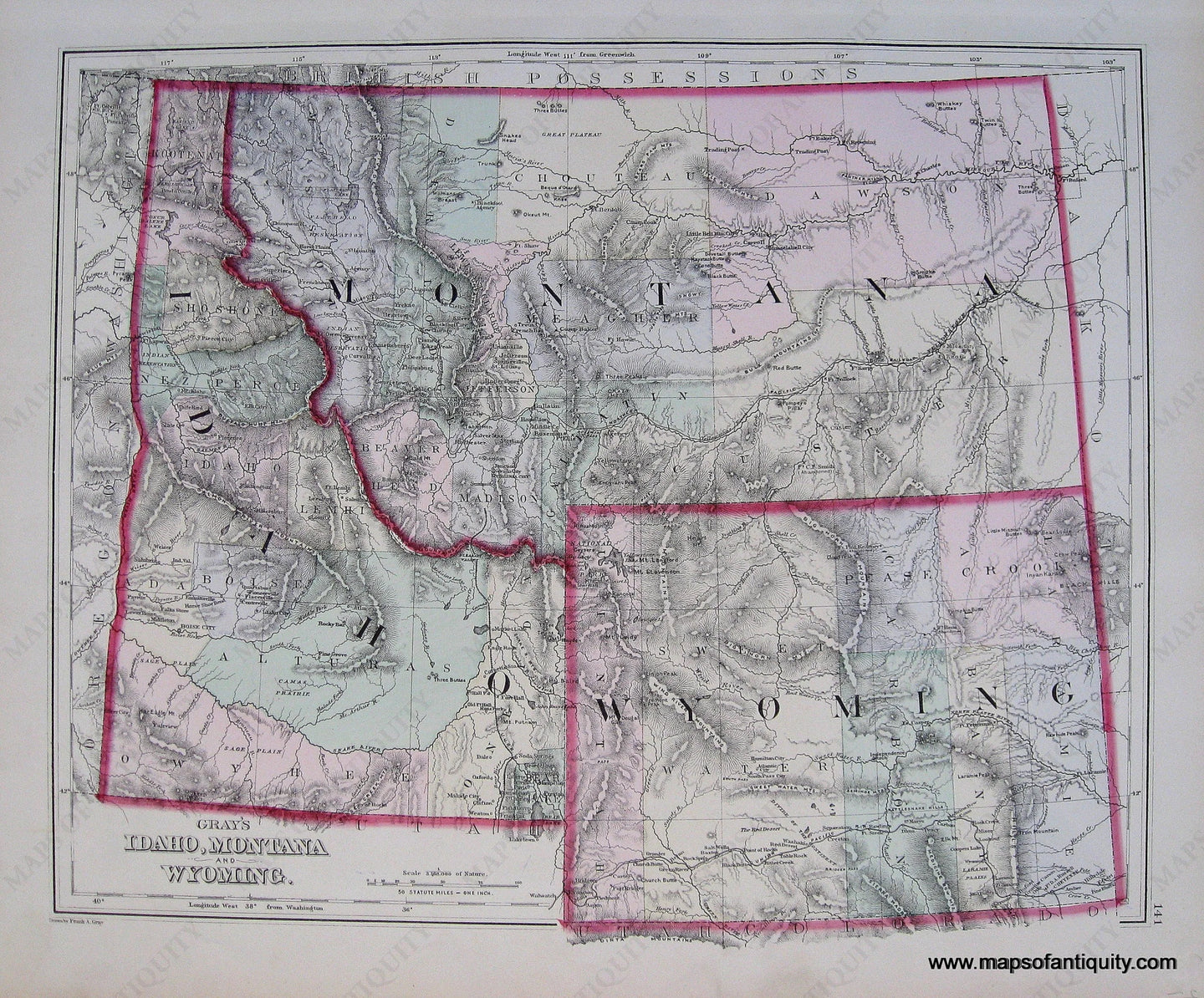 Antique-Hand-Colored-Map-Gray's-Idaho-Montana-and-Wyoming-verso:-Utah-******-United-States-West-1881-Gray-Maps-Of-Antiquity