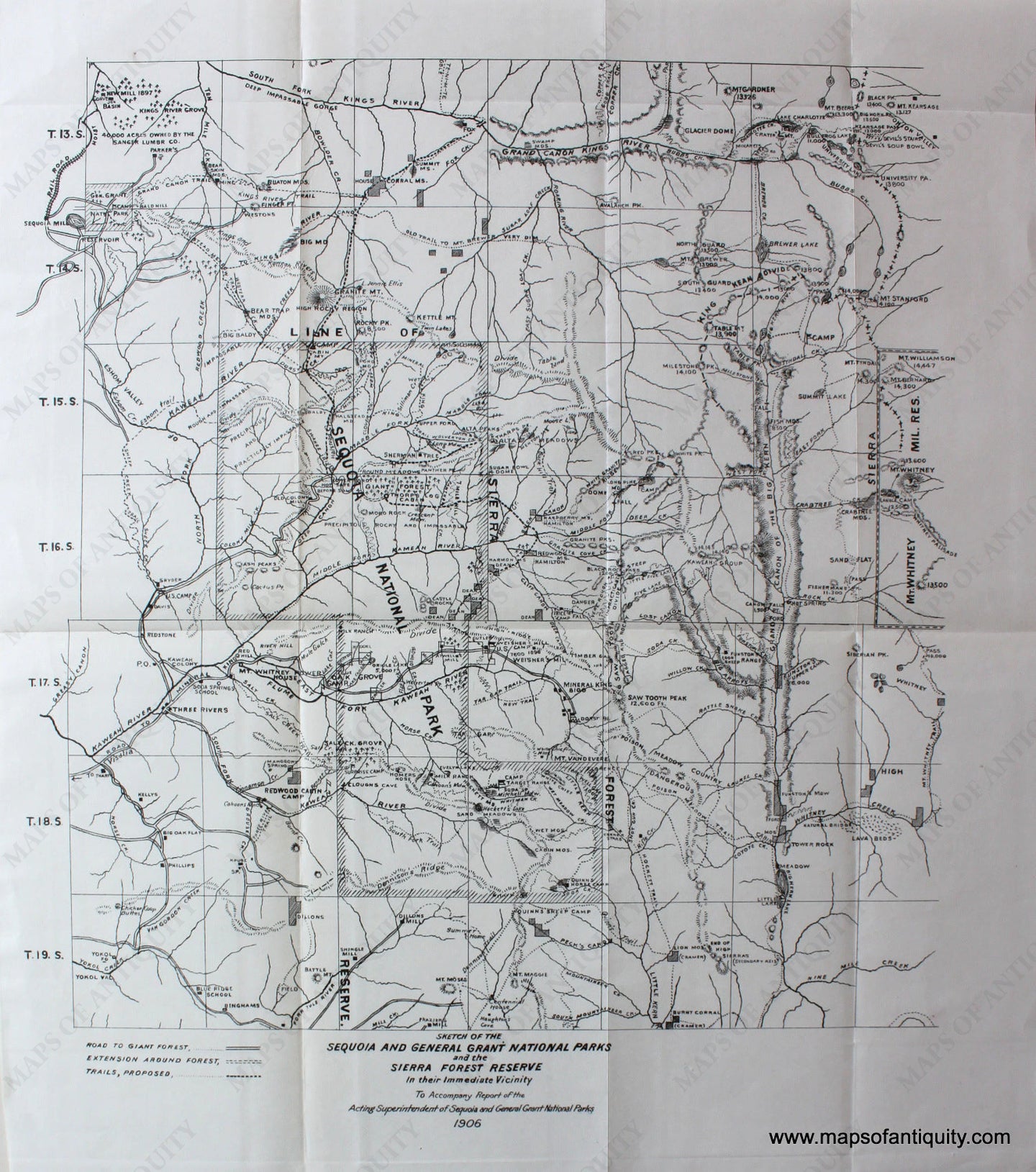 Antique-Black-and-White-Map-Sketch-of-the-Sequoia-and-General-Grant-National-Parks-and-the-Sierra-Forest-Reserve-**********-United-States-West-1906-Sequoia-and-General-Grant-National-Parks-Maps-Of-Antiquity