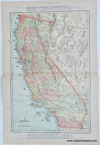 Antique map with vibrant original printed color in tones of green, yellow, orange, pink, and red. Colors indicate counties with a red border showing the boundary of the state.