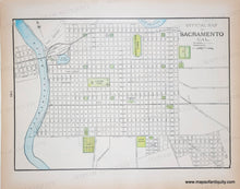 Load image into Gallery viewer, Antique map of Sacramento, California with grid layout and waterways.
