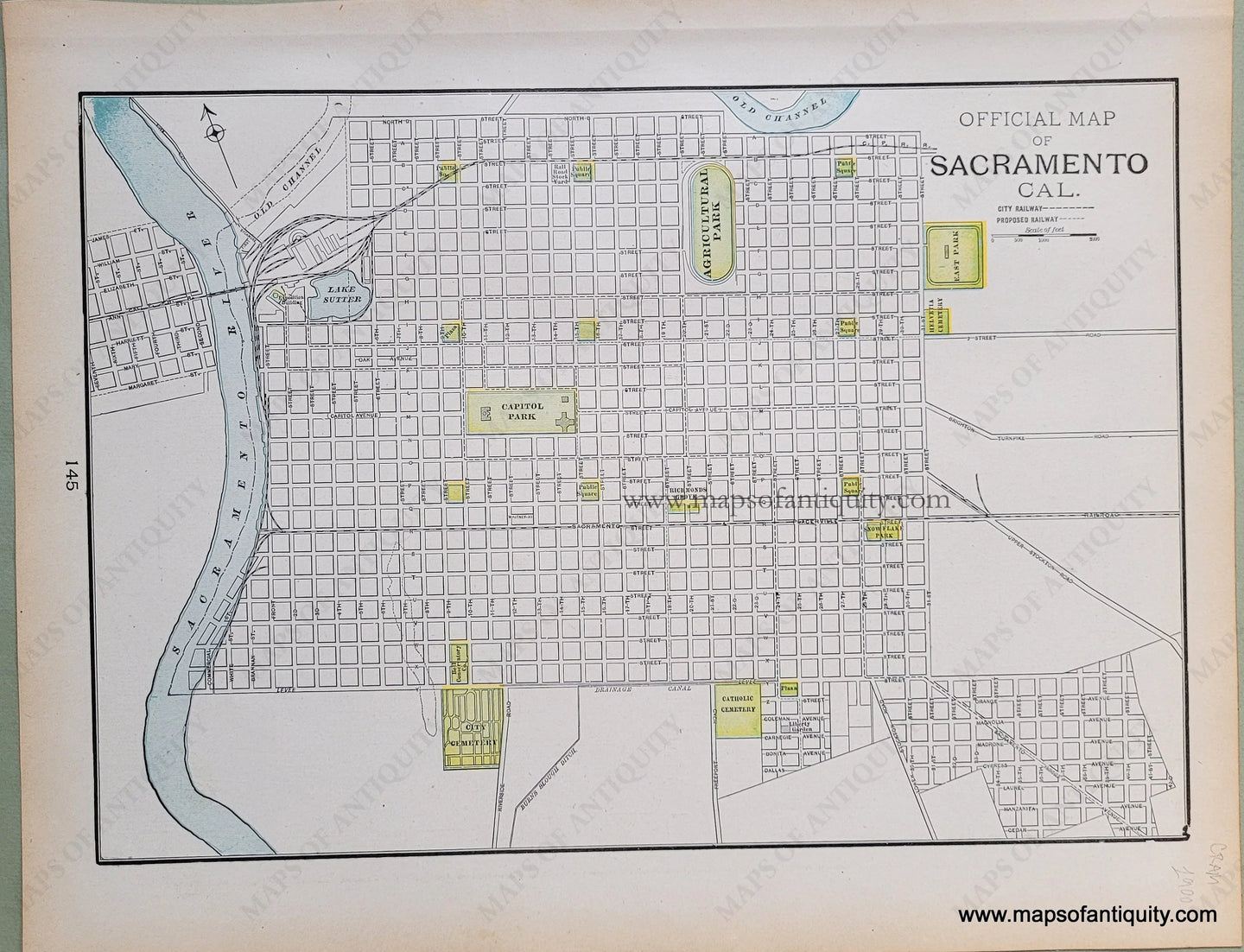 Antique-Printed-Color-Map-Official-Map-of-Sacramento-Cal.-verso:-Official-Map-of-City-of-Tacoma-Washington-****-North-America-West-1900-Cram-Maps-Of-Antiquity