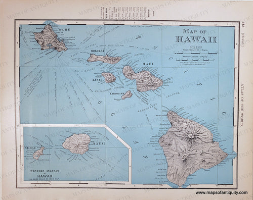 Map of Hawaii with blue printed color for the ocean and land is printed in black and white showing topography. The islands farthest west in the chain are included in an inset at the bottom.