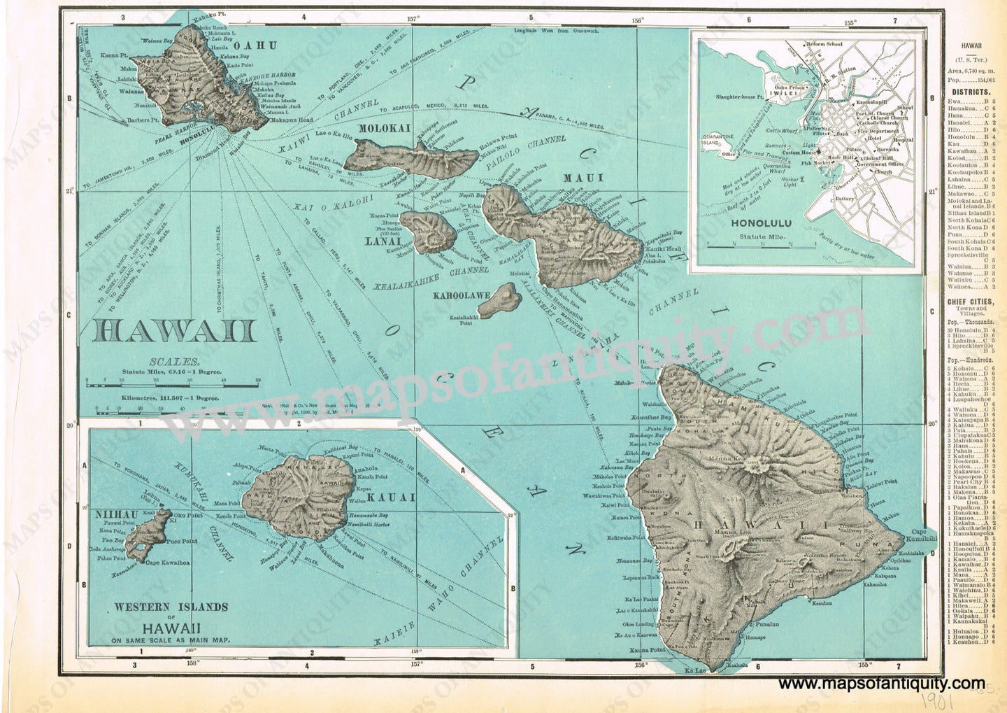 Antique-Printed-Color-Map-Hawaii-**********-United-States-West-1901-Rand-McNally-Maps-Of-Antiquity