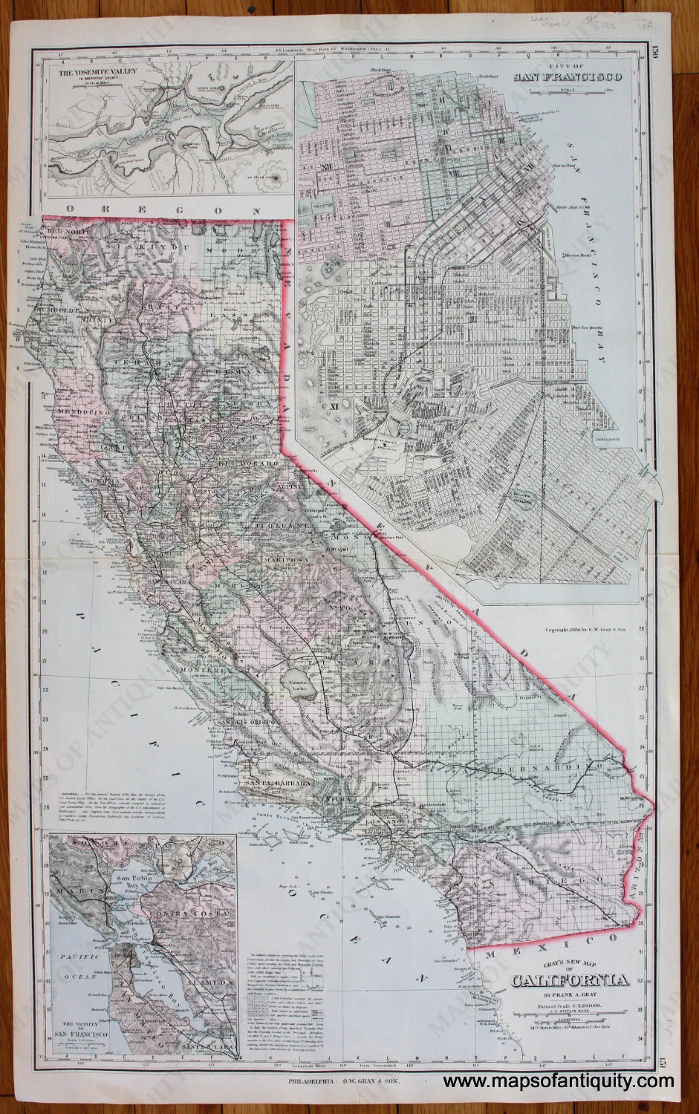 Antique-Hand-Colored-Map-Gray's-New-Map-of-California;-verso-Nevada-Oregon-and-Washington-******-United-States-West-1884-Gray-Maps-Of-Antiquity