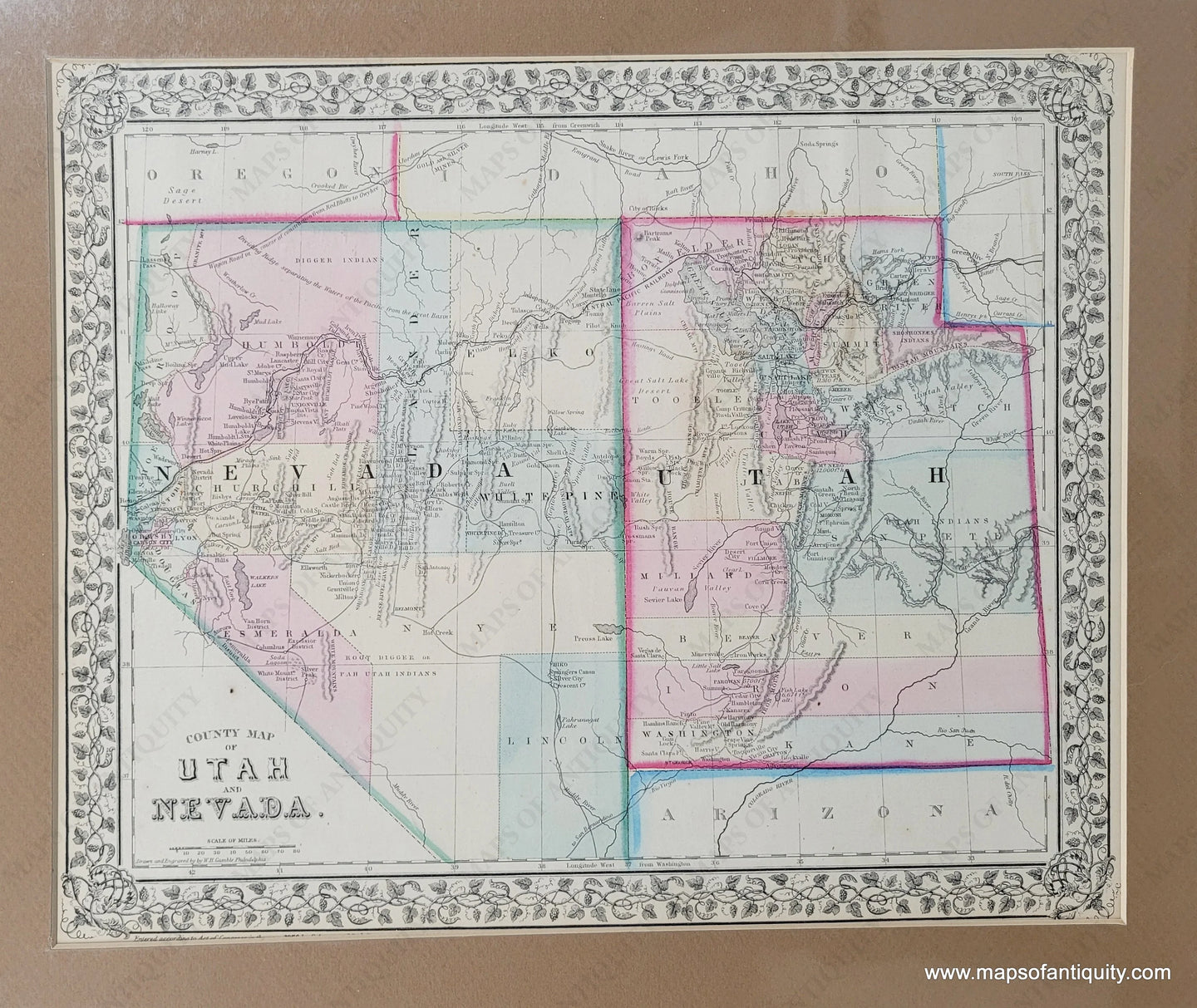 1870 - County Map Of Utah And Nevada Antique Genuine Hand-Colored