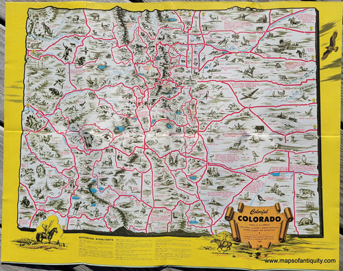 Colorful map of Colorado with illustrations throughout, yellow border, red highways