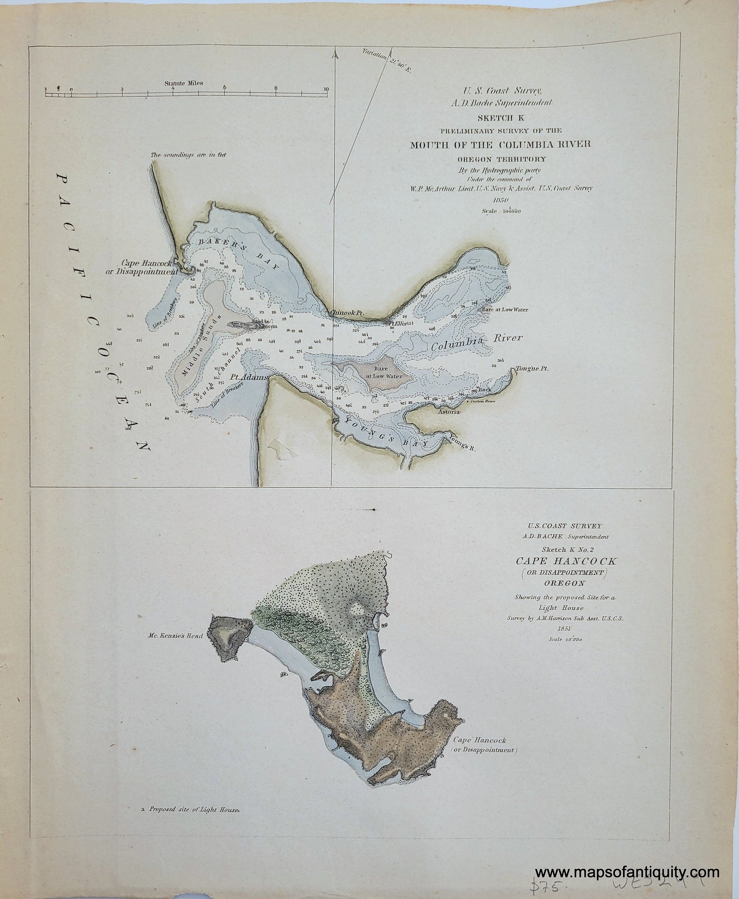Antique-Hand-Colored-Coast-Chart-Sketch-K-Preliminary-Survey-of-the-Mouth-of-the-Columbia-River-Oregon-Territory-Sketch-K-No.-2-Cape-Hancock-(or-Disappointment)-Oregon-********-United-States-West-1851-US-Coast-Survey-Maps-Of-Antiquity