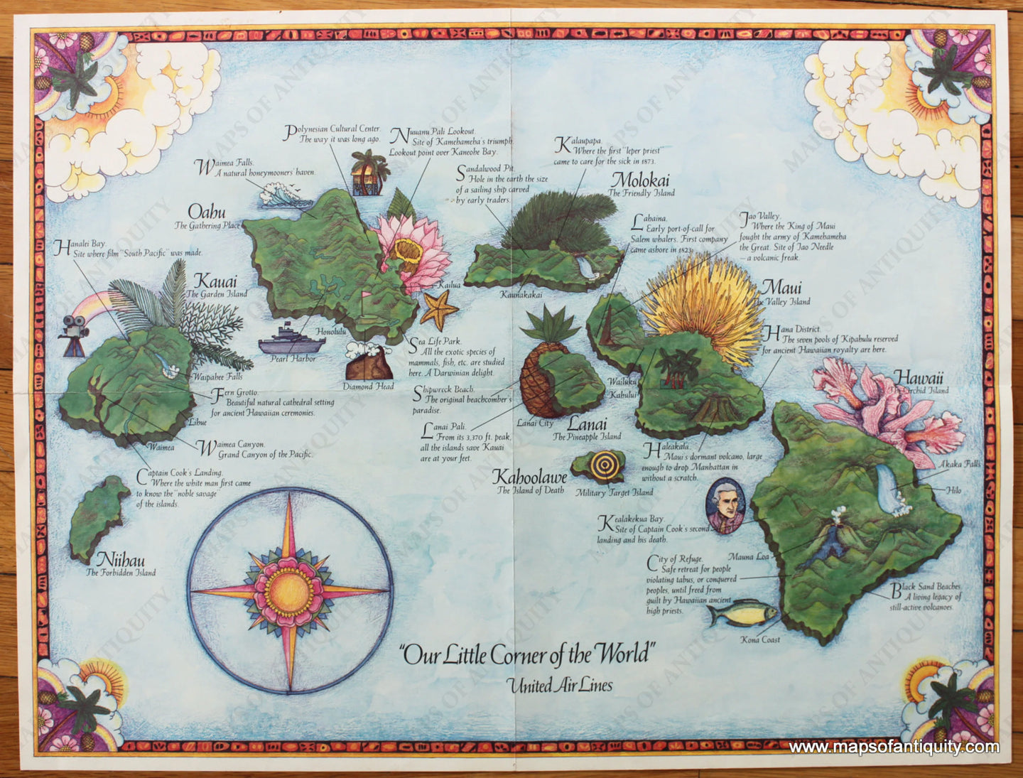 Antique-Printed-Color-Pictorial-Map--United-Air-Lines---Hawaii-United-States-West-1960-United-Air-Lines-Maps-Of-Antiquity