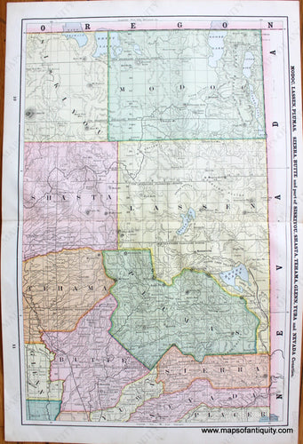 Antique-Map-California-Modoc-Lassen-Plumas-Sierra-Butte-and-Part-of-Siskiyou-Shasta-Tehama-Glenn-Yuba-and-Nevada-Counties-County-Home-Library-and-Supply-Association-Pacific-Coast-1892-1890s-1800s-Late-19th-Century-Maps-of-Antiquity-