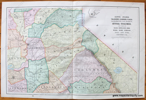 Antique-Map-California-Alpine-Amador-Calaveras-Eldorado-Placer-Sacramento-San-Joaquin-Sutter-Tuolumne-and-Part-of-Colusa-Contra-Costa-Mono-Nevada-Solano-Stanislaus-Yolo-and-Yuba-Counties-Cal.-County-Home-Library-and-Supply-Association-Pacific-Coast-1892-1890s-1800s-Late-19th-Century-Maps-of-Antiquity-