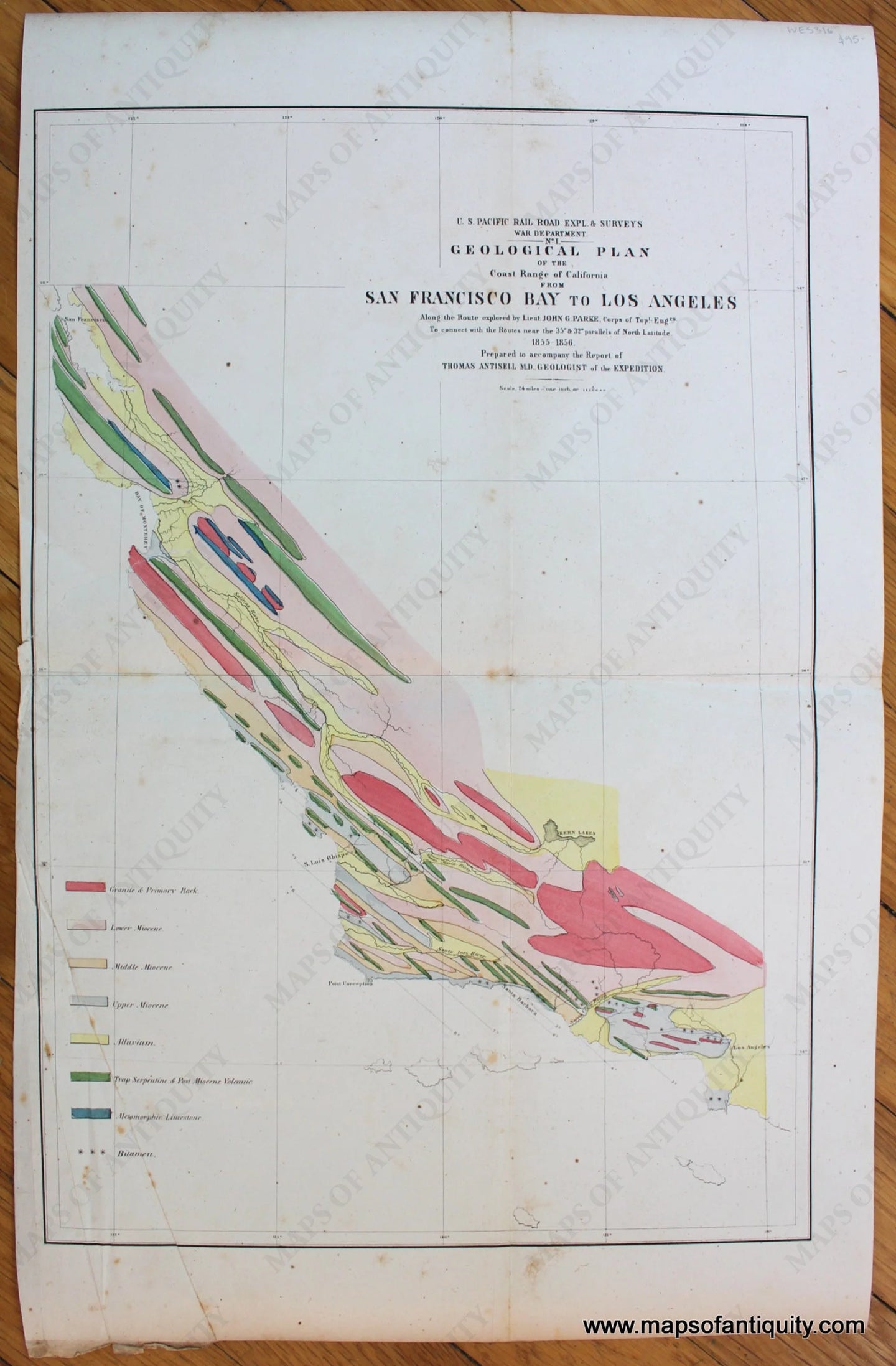 Antique-Map-Geological-Plan-of-the-Coast-Range-of-California-from-San-Francisco-Bay-to-Los-AngelesÃ¢â‚¬Â¦.-War-Dept-c.-1856-Maps-Of-Antiquity