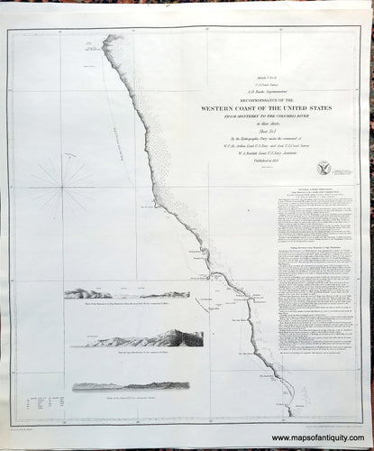 Black and white map with a minimalist look, showing only the coast with the latitude and longitude lines, compass rose, recognition profiles,  and title.