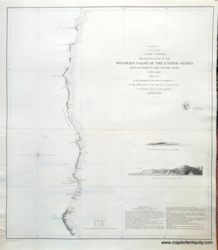 Black and white map with a minimalist look, showing only the coast with the latitude and longitude lines, compass rose, recognition profiles, and title.