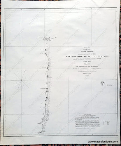 Black and white map with a minimalist look, showing only the coast with the latitude and longitude lines, compass rose, and title.