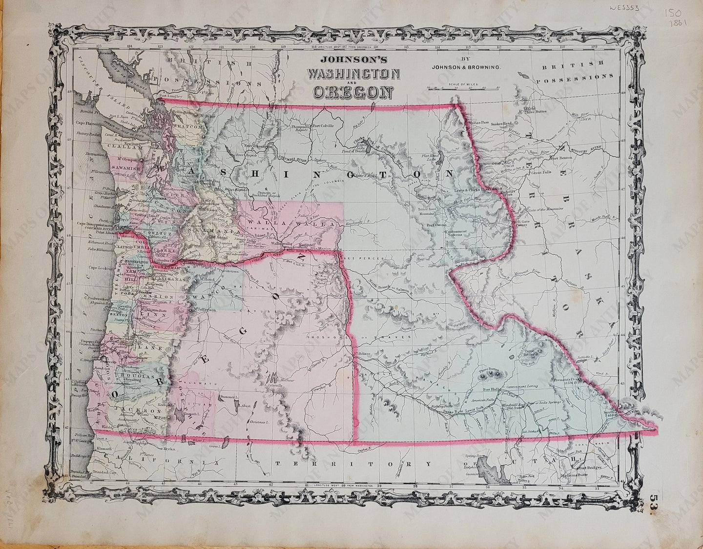 Antique-Hand-Colored-Map-Johnson's-Washington-and-Oregon-Territory-Territories-History-United-States-1861-Johnson-&-Browning-West-West-General-Washington-Oregon-1800s-19th-century-Maps-of-Antiquity