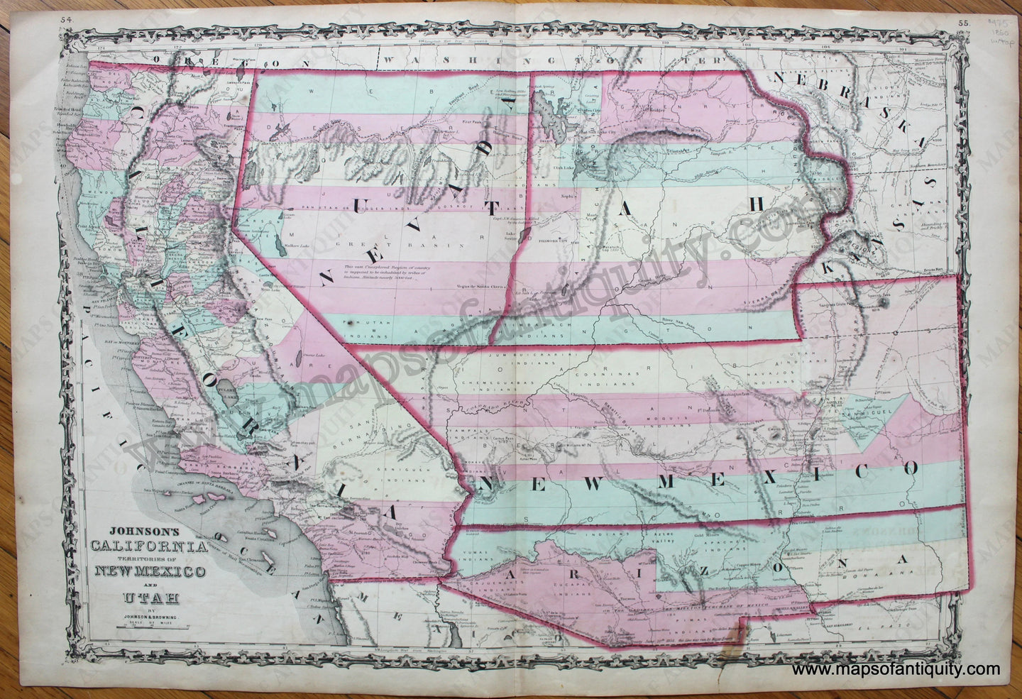 Antique-Map-Johnson's-California-Territories-New-Mexico-Arizona-Colorado-Nevada-Utah-1860-Johnson-Browning-US-United-States-West-1860s-1800s-19th-century