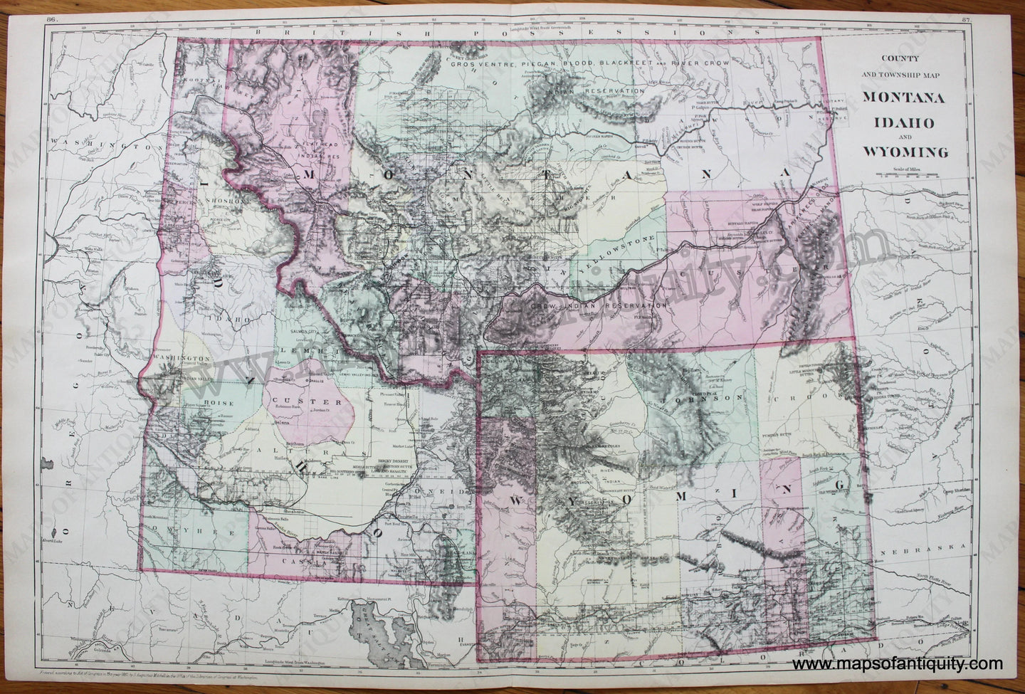 Antique-Hand-Colored-Map-County-and-Township-Map-of-Montana-Idaho-and-Wyoming-1884-Mitchell-West-Montana-Idaho-Wyoming-1800s-19th-century-Maps-of-Antiquity