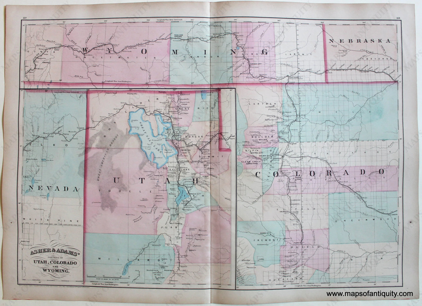 Antique-Hand-Colored-Map-Asher-&-Adams'-Portions-of-Utah-Colorado-and-Wyoming-1872-Asher-&-Adams-West-1800s-19th-century-Maps-of-Antiquity