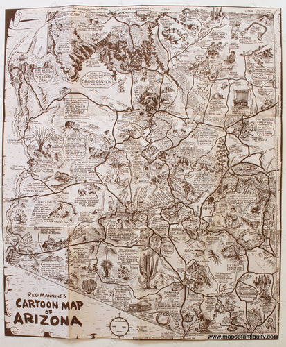 Antique-Book-with-Pictorial-Folding-Map-Reg-Manning's-Cartoon-Guide-of-Arizona-1943-Reg-Manning-West-Arizona-1800s-19th-century-Maps-of-Antiquity